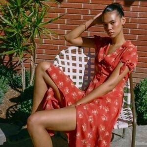 UO Elle Red Floral Button-Through Midi Dress